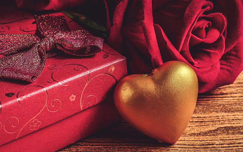 golden heart, gift, red gift box, silk ribbons, romantic gift, Valentines Day, HD wallpaper