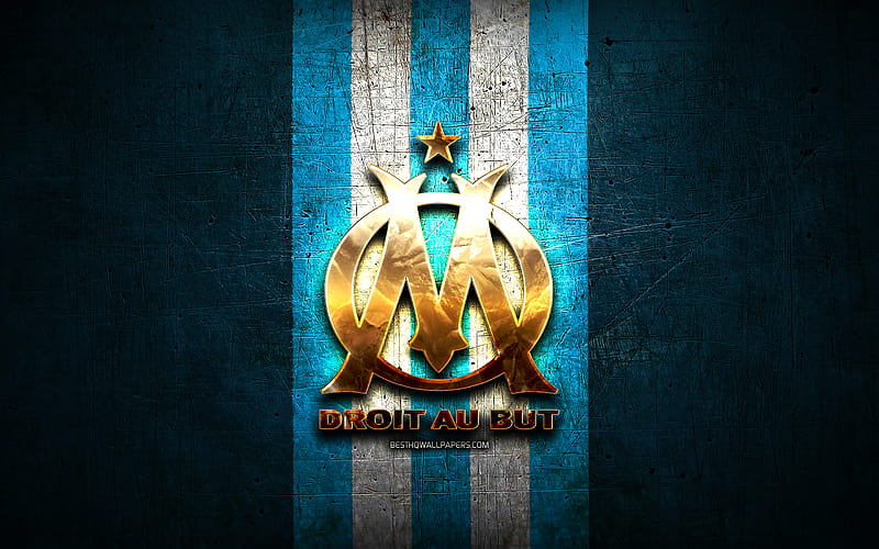 Olympique Marseille, golden logo, Ligue 1, blue metal background, football, Olympique Marseille FC, french football club, Olympique Marseille logo, soccer, France, OM, HD wallpaper