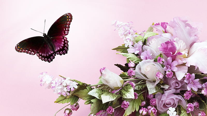 Summer Enchantment, rose, firefox persona, lilacs, butterfly, bouquet, summer, flowers, white, pink, iris, HD wallpaper