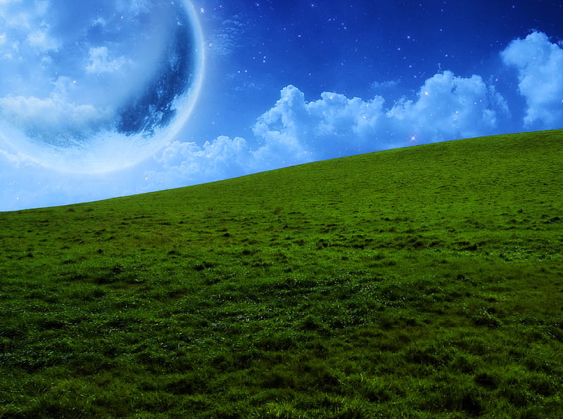 Moon, green, sky, field, blue, HD wallpaper | Peakpx