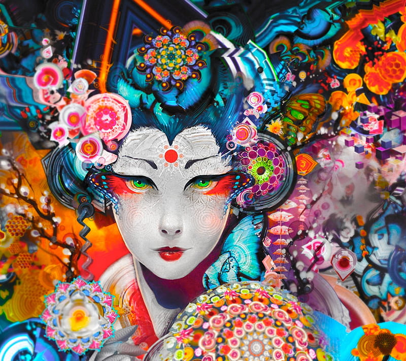 Geisha Art, art, color, darkdroid, geisha, HD wallpaper
