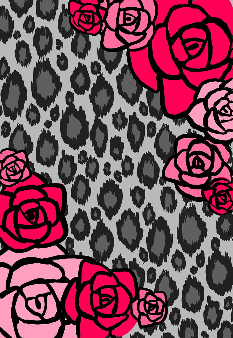 Wild, flower, flowers, gray, leopard, leopards, pink, print, red, rose, HD phone wallpaper