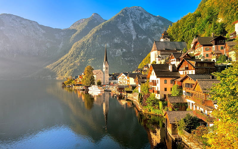 Mountains, Alps, autumn, mountain lake, Salzkammergut, Hallstatt, Austria, HD wallpaper