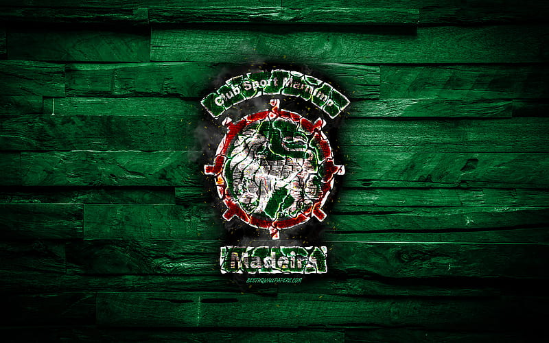 Maritimo FC, burning logo, Primeira Liga, green wooden background, portuguese football club, CS Maritimo, grunge, football, soccer, Maritimo logo, Funchal, Portugal, HD wallpaper