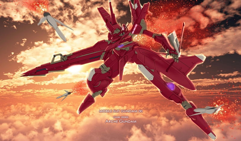 Arche Gundam, gundam, red, mecha, fang, sunset, gundam 00, HD wallpaper