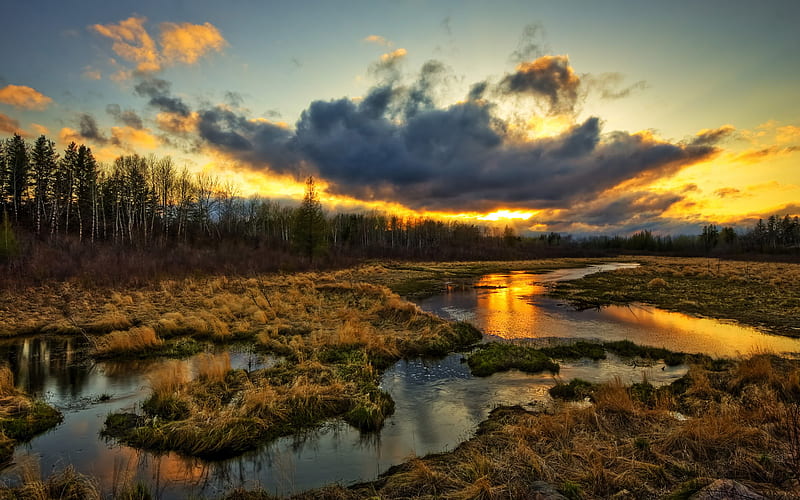 Sunset on the Marsh, forest, stream, colorful, grass, sunset, sky, clouds, creelk, color, river, marsh, HD wallpaper