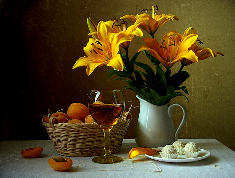 Just Peachy, still life, cookies, basket, peaches, flowers, plate, pitcher, wineglass, HD wallpaper