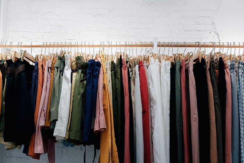 assorted-color clothes lot hanging on wooden wall rack, HD wallpaper