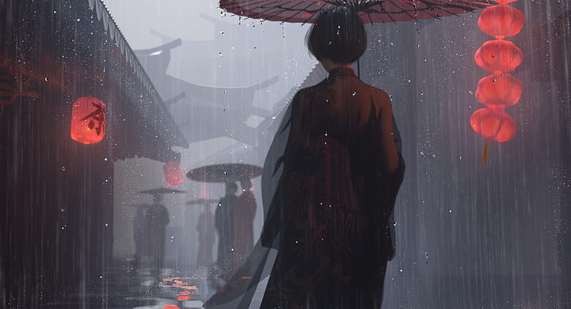Comics, GhostBlade, Girl, Lantern, rain, Umbrella, HD wallpaper