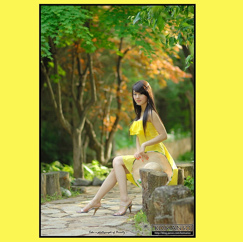 Pretty in Yellow, pretty, female, babe, dark hair, legs, bonito, woman, sexy, asian model, nice, girl, yellow dress, asian, beauty, gorgeous, HD wallpaper