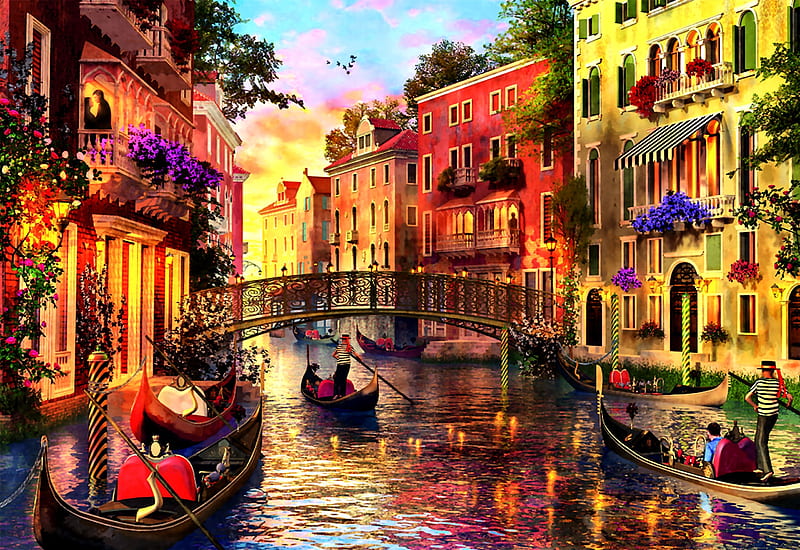 Sunset in Venice F, architecture, art, canal, Italy, bonito, illustration, artwork, Venice, bridge, painting, wide screen, scenery, landscape, HD wallpaper