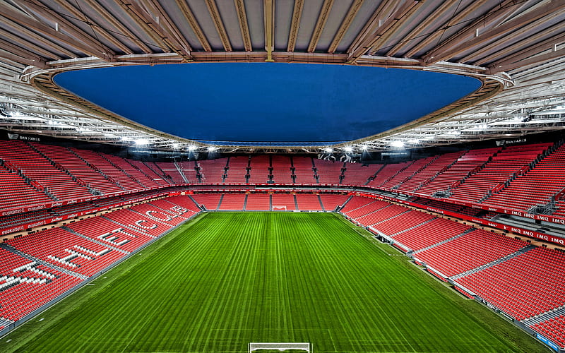 San Mames Stadium, Athletic Bilbao Stadium, Bilbao, spanish football stadium, inside view, football grass field, Basque Country, Spain, La liga, HD wallpaper