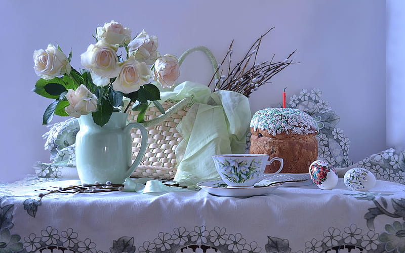 Easter Still Life, roses, Easter, still life, cup, eggs, pussy-willow, HD wallpaper