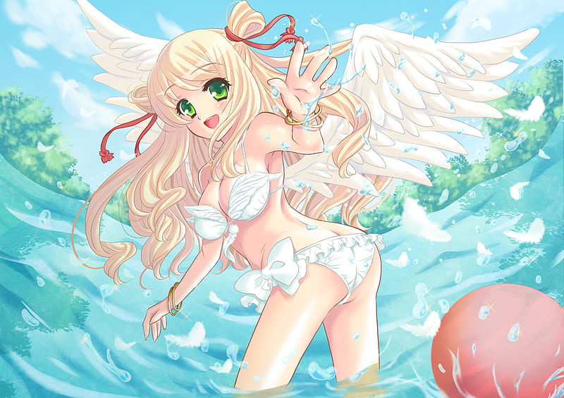 Playful angel, swimsuit, wings, angel, green eyes, blonde hair, ribbons, sexy, bikini, sea, cute, water, girl, anime, long hair, HD wallpaper