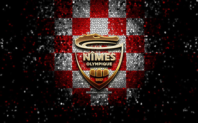 Nimes Olympique FC, glitter logo, Ligue 1, red white checkered background, soccer, Nimes Olympique, french football club, Nimes Olympique logo, mosaic art, football, France, HD wallpaper