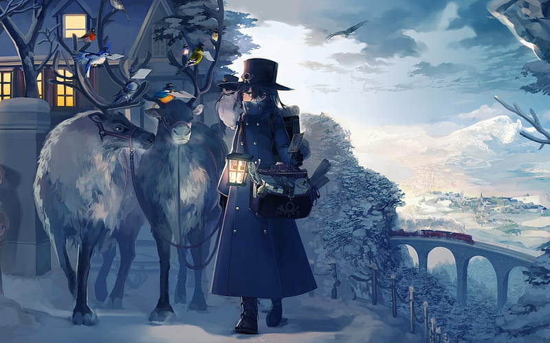 The postman, lantern, guy, manga, man, iarna, horns, hat, bird, anime, wintern, postman, reindeer, white, blue, HD wallpaper