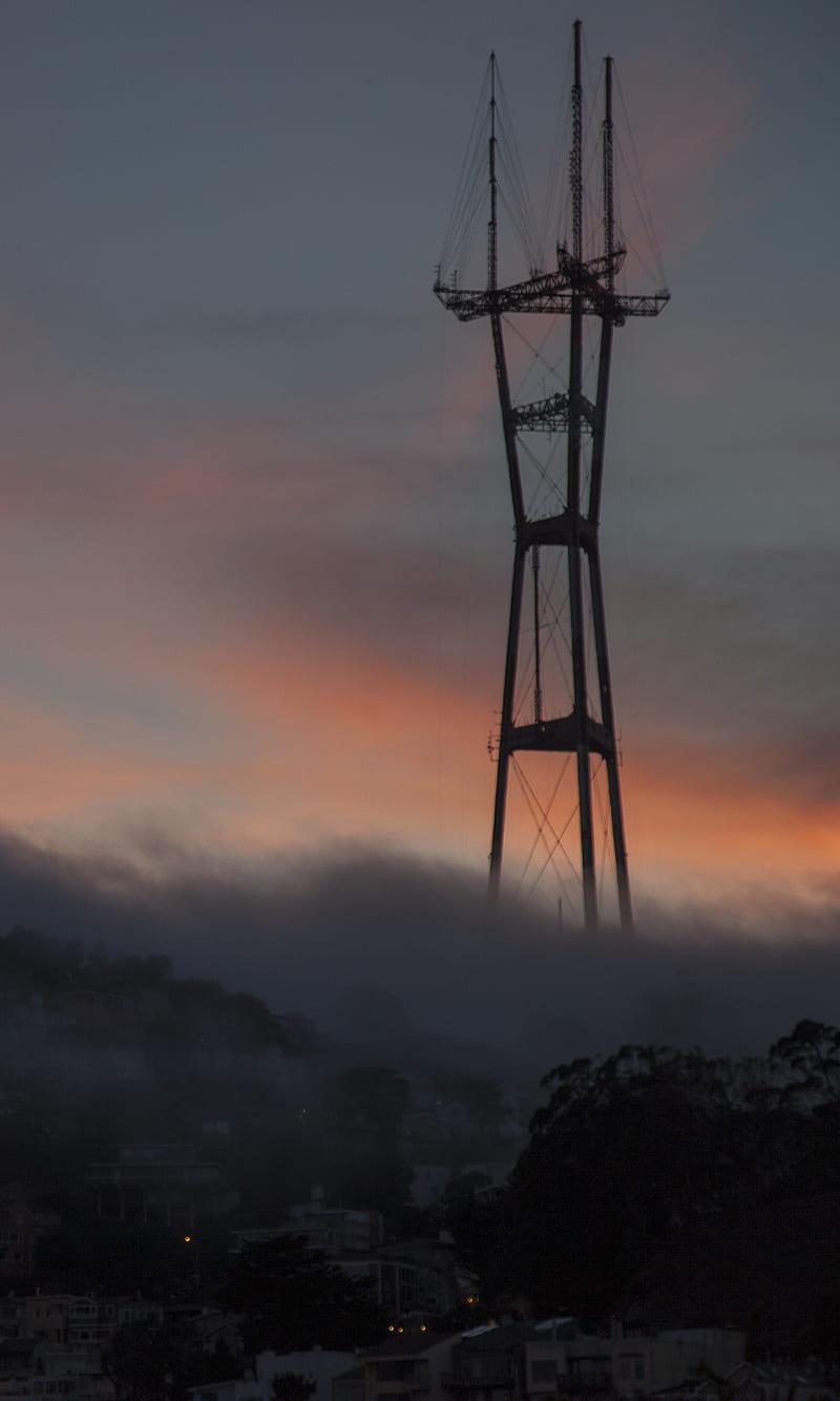 Twin Peaks SF, dusk, radio tower, san francisco, sunset, twin peaks, HD phone wallpaper