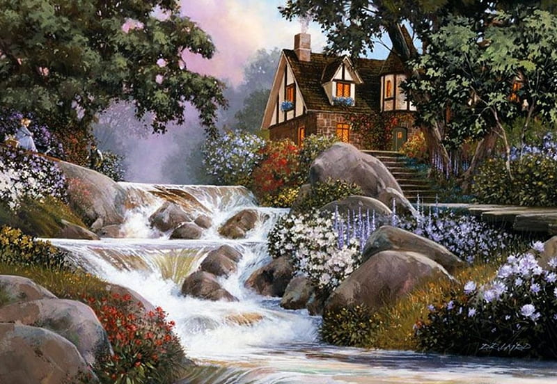 At the Creek, house, water, stones, painting, trees, artwork, HD wallpaper  | Peakpx
