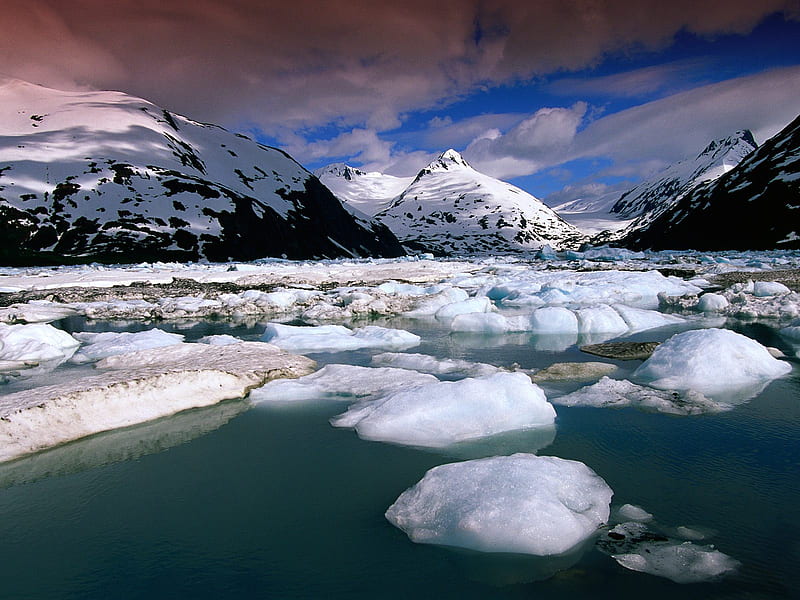 Portage Glacier Recreation Area Anchorage, glacier, alaska, sky, water, snow, portage glacier, mountains, ice, anchorage, HD wallpaper