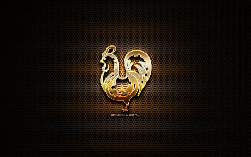 Rooster golden sign, chinese zodiac, creative, Rooster zodiac, animals signs, Chinese calendar, metal grid background, Rooster zodiac sign, Rooster, Chinese Zodiac Signs, HD wallpaper