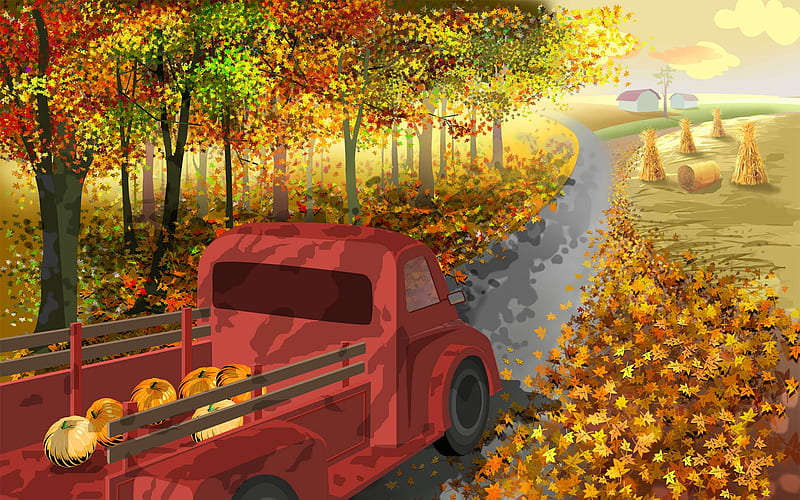 Back From the Pumpkin Patch, autumn, leaves, painting, truck, road, country, pumpkins, HD wallpaper