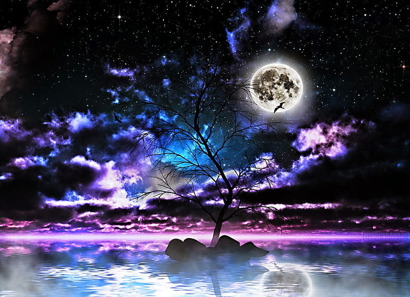 Hình ảnh đêm ảo tưởng sẽ đưa bạn vào một thế giới thần tiên, nơi nước lung linh dưới ánh trăng. Bầu trời kết hợp với cây tạo nên cảnh quan tuyệt đẹp đáng ngưỡng mộ. Hãy xem hình nền HD để cảm nhận trọn vẹn sự mê hoặc của đêm đầy ảo tưởng này.