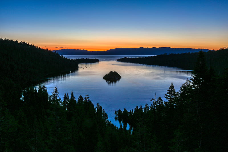 lake, sunset, forest, trees, mountains, Landscape, HD wallpaper