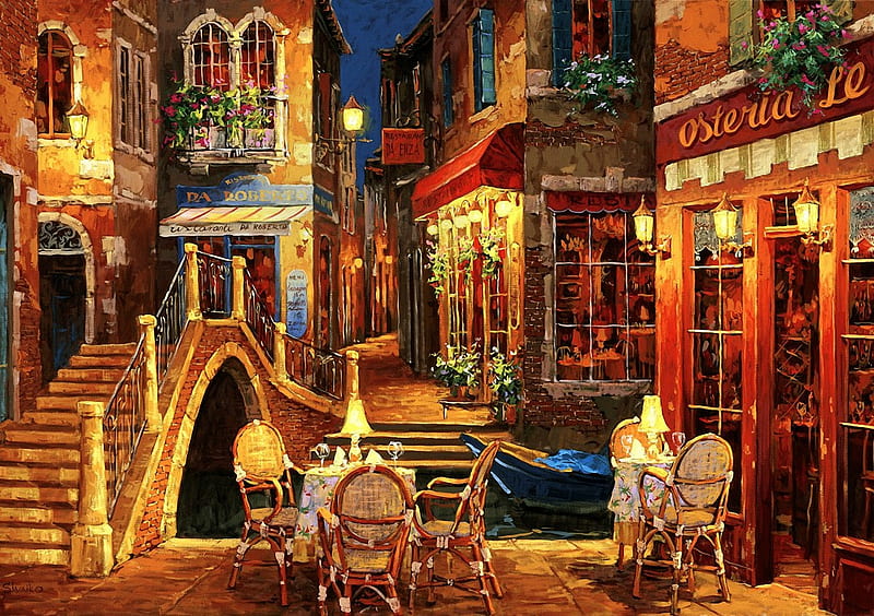 Ristorante Da Roberto, canal, bridge, houses, chairs, evening, venice, tables, artwork, moon, painting, HD wallpaper