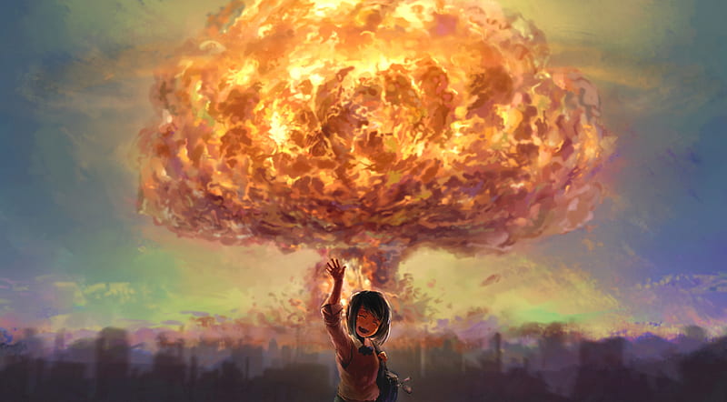 Oh look! FIREWORKS!!, original, nuclear explosion, explosion, nuclear bomb, bomb, fire, short hair, city, girl, uniform, anime girl, green hair, school uniform, HD wallpaper