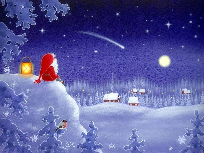 Santa Waiting, villages, stars, pretty, Christmas, draw and paint, holidays, lovely, lantern, white trees, love four seasons, meteor, creative pre-made, santa claus, xmas and new year, winter, snow, HD wallpaper