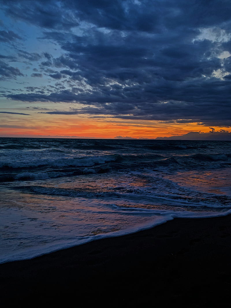 horizon, sunset, coast, tide, HD phone wallpaper