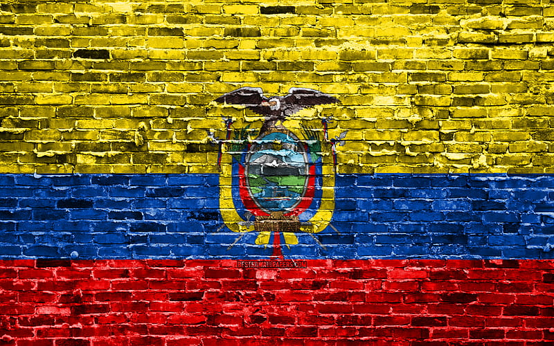 Ecuadorian flag, bricks texture, South America, national symbols, Flag of Ecuador, brickwall, Ecuador 3D flag, South American countries, Ecuador, HD wallpaper