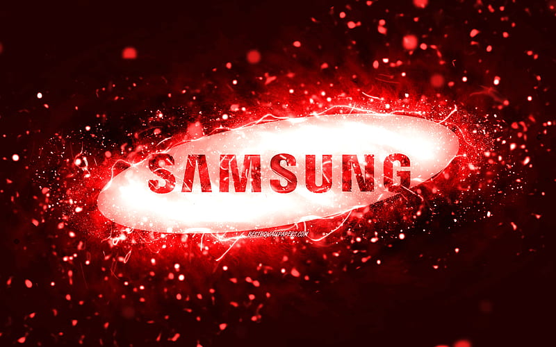 Samsung red logo red neon lights, creative, red abstract background, Samsung logo, brands, Samsung, HD wallpaper