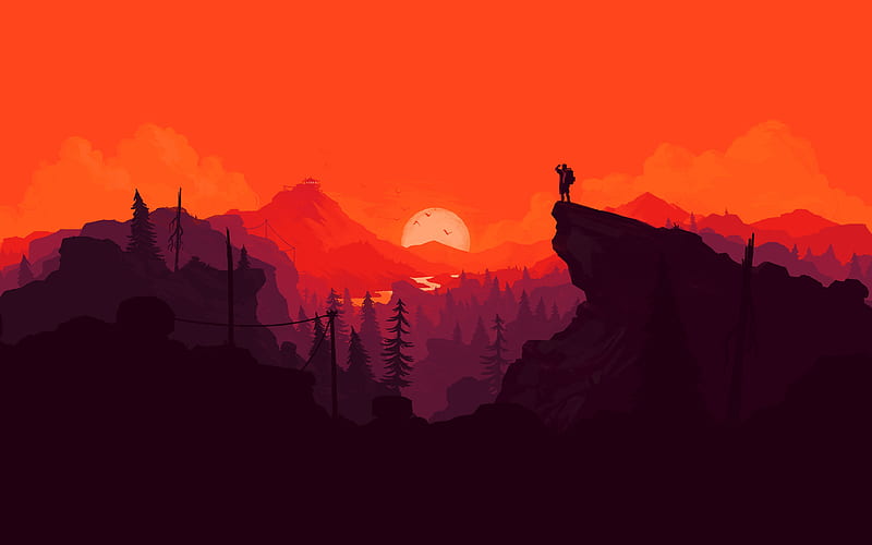 flat landscape, illustration, sunset, cliff, man hiking, red sky, digital art, Landscape, HD wallpaper