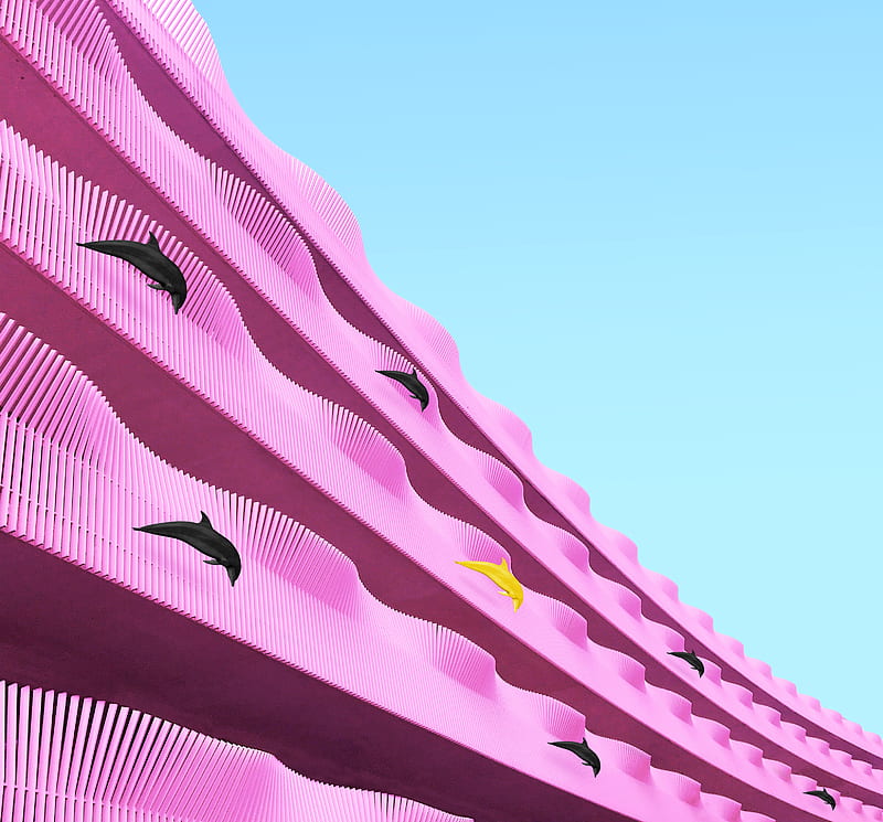building, facade, dolphins, pink, wavy, architecture, HD wallpaper