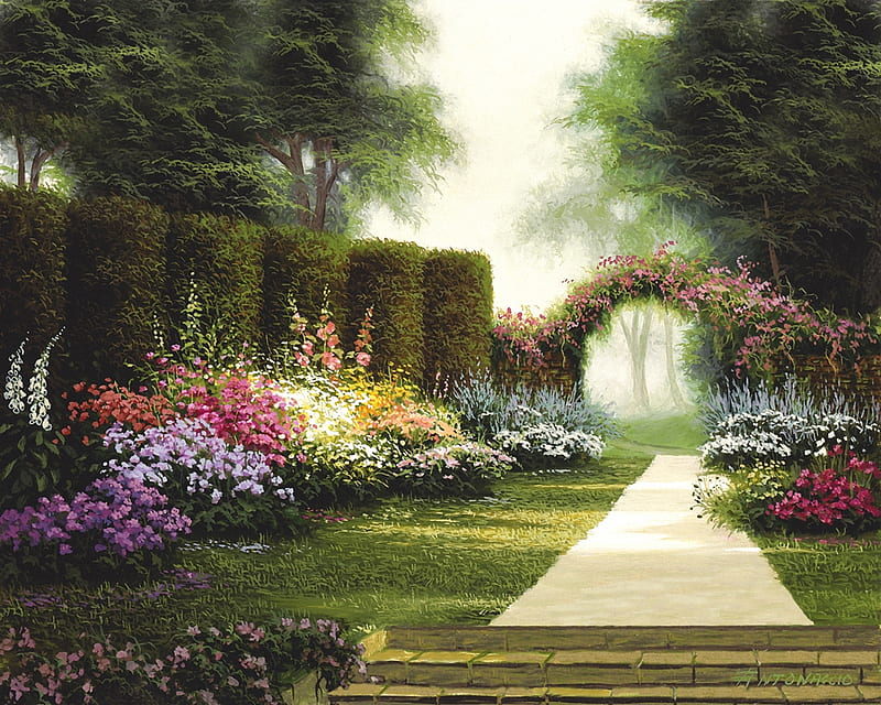 Graceful Resplendence, painting, garden, flowers, summer, path, hedge ...