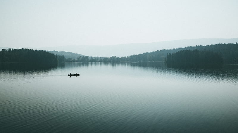 canoe, boat, lake, fog, silhouettes, HD wallpaper