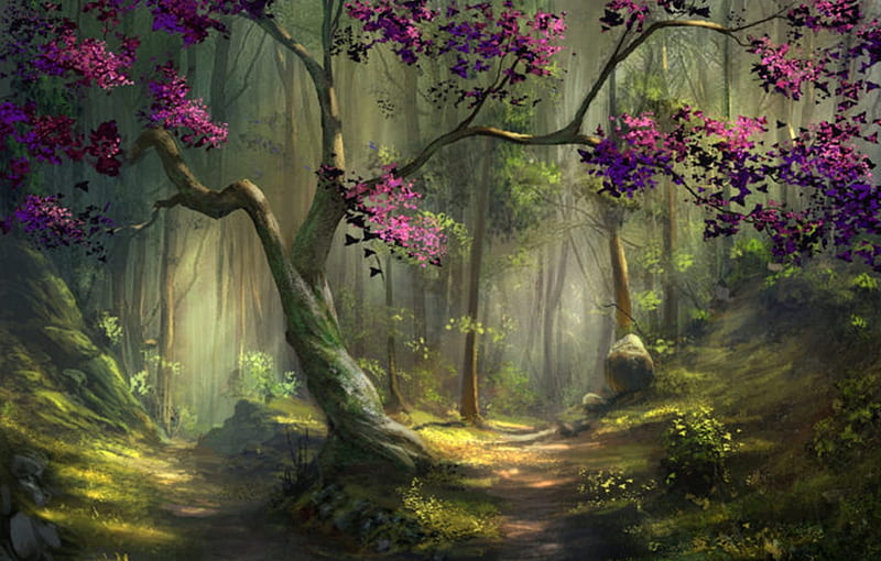 dark forest, art, fantasy, paintings, cool, green, forests, nature, HD wallpaper