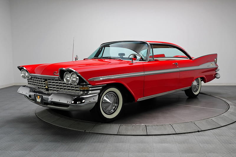 1959 Plymouth Sport Fury, Classic, Red, Red Car, Headlights, Antenna, White Walls, Fins, Chrome Trim, HD wallpaper