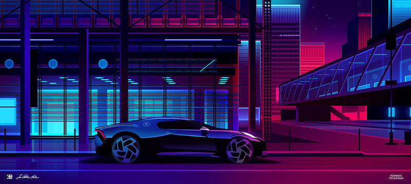 Bugatti Noire Neon Art, bugatti-la-voiture-noire, bugatti, carros, neon, artist, artwork, digital-art, retrowave, HD wallpaper