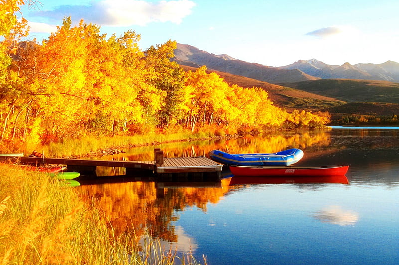 Otto Lake, Alaska, boats, autumn, water, pier, HD wallpaper