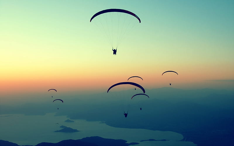 Paragliding at Sunset, sunset, sky, serenity, paragliders, HD wallpaper