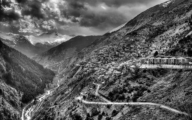 spectacular village of gardiki in greece r, mountains, village, r, gray scale, road, clouds, valley, HD wallpaper