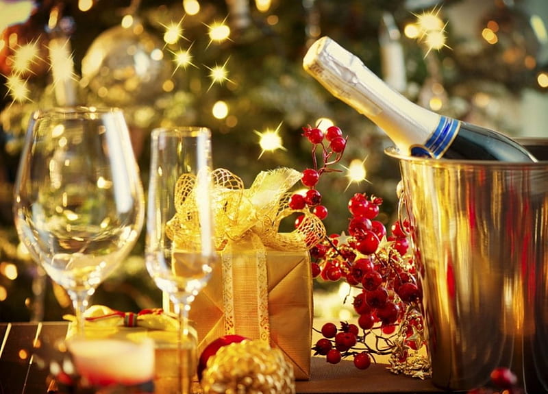 New year chapmagne, holiday, decoration, wine, glasses, bonito, winter, drink, cheersa, champagne, light, HD wallpaper