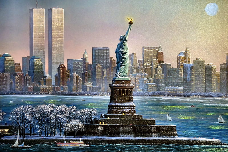 Statue of Liberty FC, architecture, art, USA, New York City, cityscape, bonito, artwork, New York, painting, wide screen, scenery, Statue of Liberty, Twin Towers, HD wallpaper
