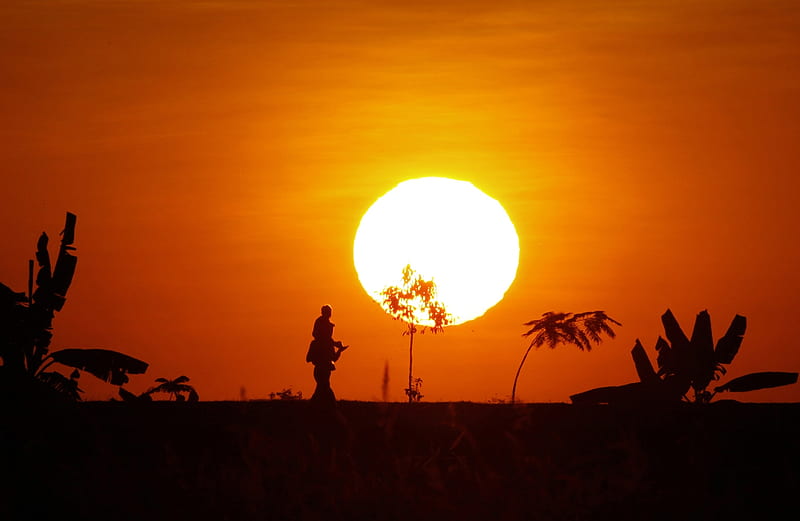 Walking during sunset, Man and child walk, Burma, Sunset, Naypyitaw, HD wallpaper