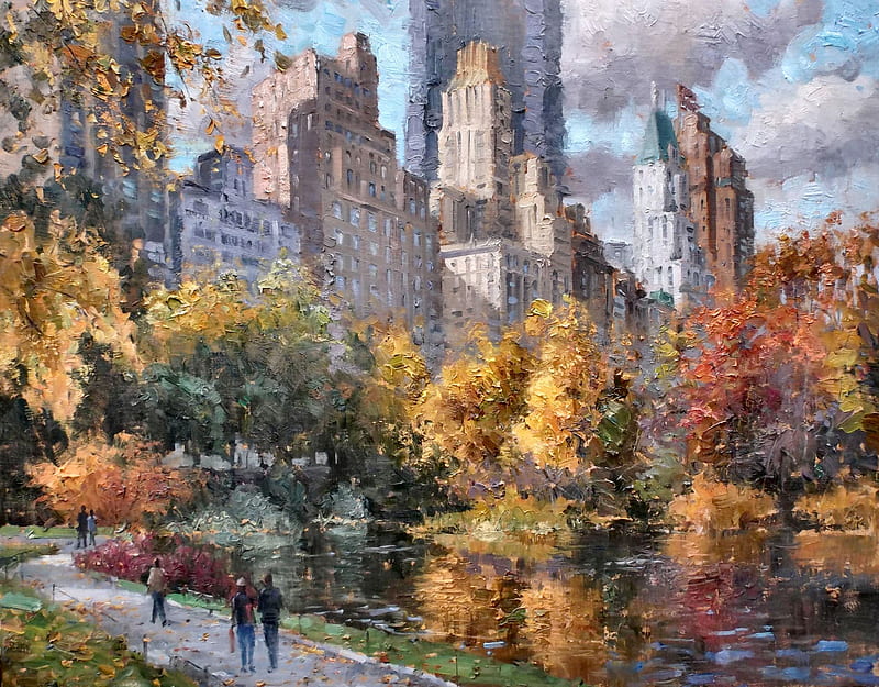 Central Park in Autumn, Fall, art, USA, New York City, bonito, artwork, New York, painting, wide screen, Paprocki, Four Seasons, scenery, Autumn, landscape, HD wallpaper