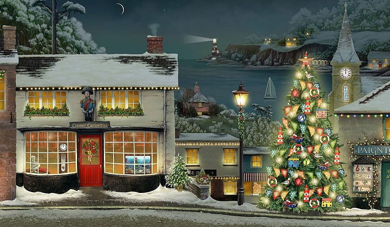 Christmas Season, festive, decorations, Village, lights, Christmas, Homes, holidays, winter, lighthouse, Sea, night, HD wallpaper