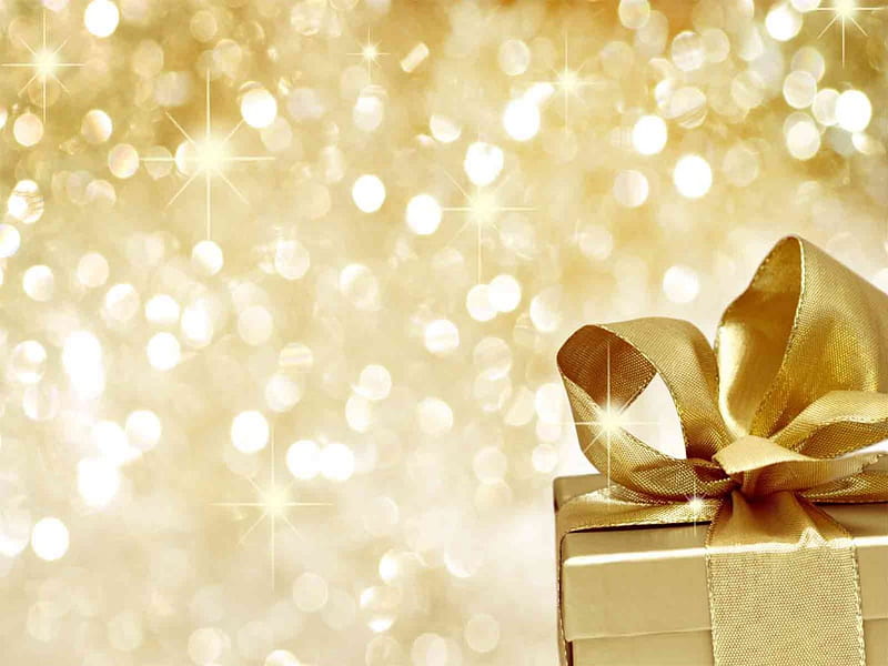 ●●● Golden Holidays ●●●, present, holidays, glow, golden, bow, lights, sparkle, bokeh, christmas time, HD wallpaper