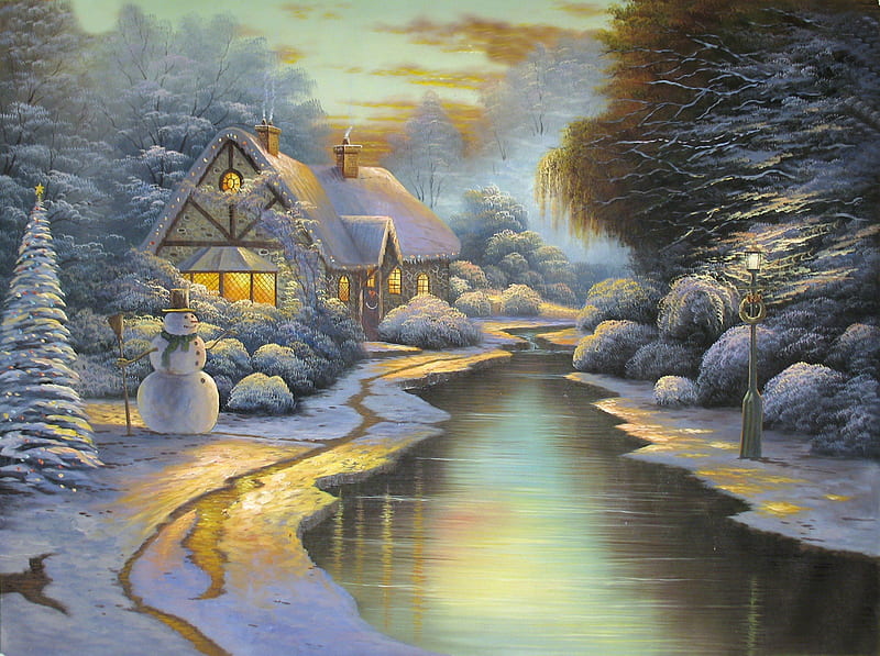 White cotton winter, colorful, christmas, houses, bonito, snowman, winter, spirit, splendor, painting, magical, color, river, kinkade, HD wallpaper